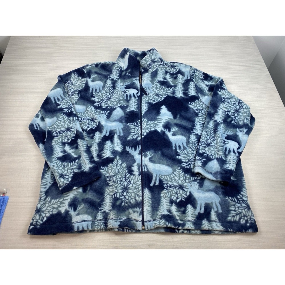 St Johns Bay Woman 2X Fleece Zip Up Jacket Blue Reindeer Snowflake Vintage